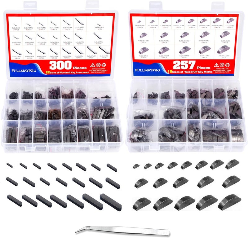 FullMayPro 557PCS Metric Woodruff Key Assortment Kit in 40 Most Popular Sizes, Include 257PCS Woodruff Half Moon Key, 300PCS Round Ended Feather Key for Fasteners Mechanical Industry Crankshaft - Image 1